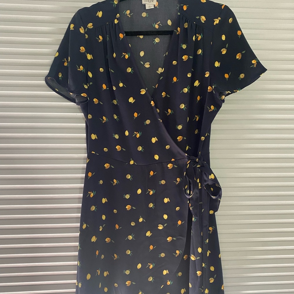 JCrew lemon print navy wrap dress
